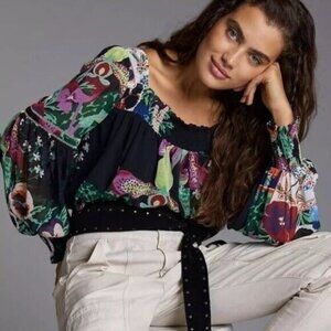 Art of Anthropologie Top XS Lil Sire Puff Sleeve Black Floral Animal Print Boho